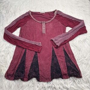 Gimmicks by BKE Women's M Burgundy Patchwork Henley Top Grunge Boho Artsy Fairy